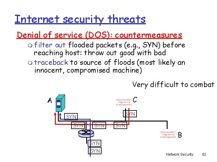 Internet security threats Denial of service (DOS): countermeasures m filter out flooded packets (e.