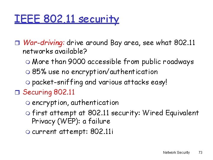 IEEE 802. 11 security r War-driving: drive around Bay area, see what 802. 11