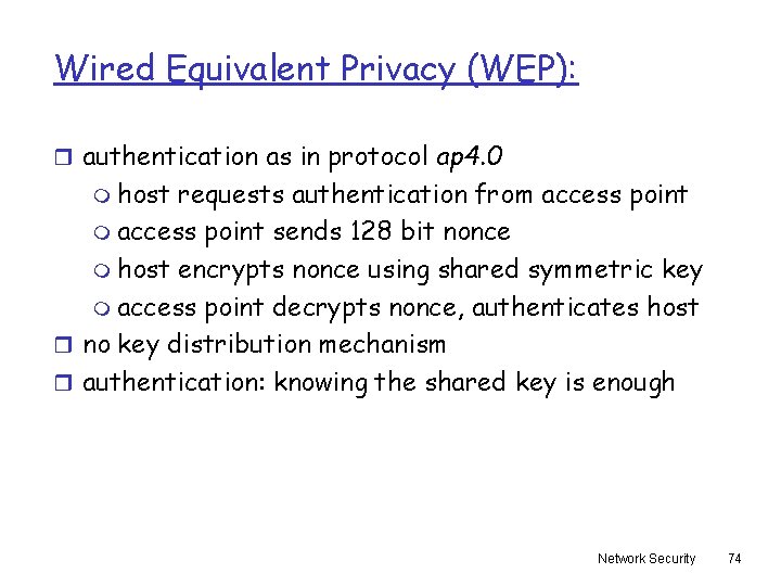 Wired Equivalent Privacy (WEP): r authentication as in protocol ap 4. 0 m host