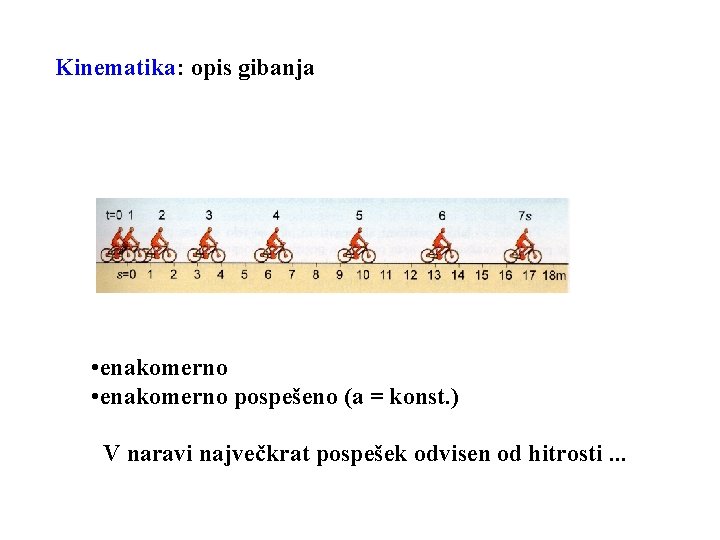 Kinematika: opis gibanja • enakomerno pospešeno (a = konst. ) V naravi največkrat pospešek