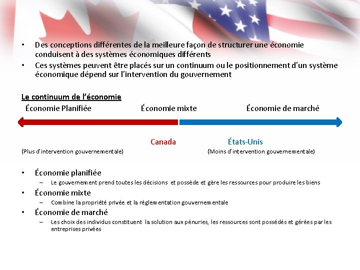  • • Des conceptions différentes de la meilleure façon de structurer une économie