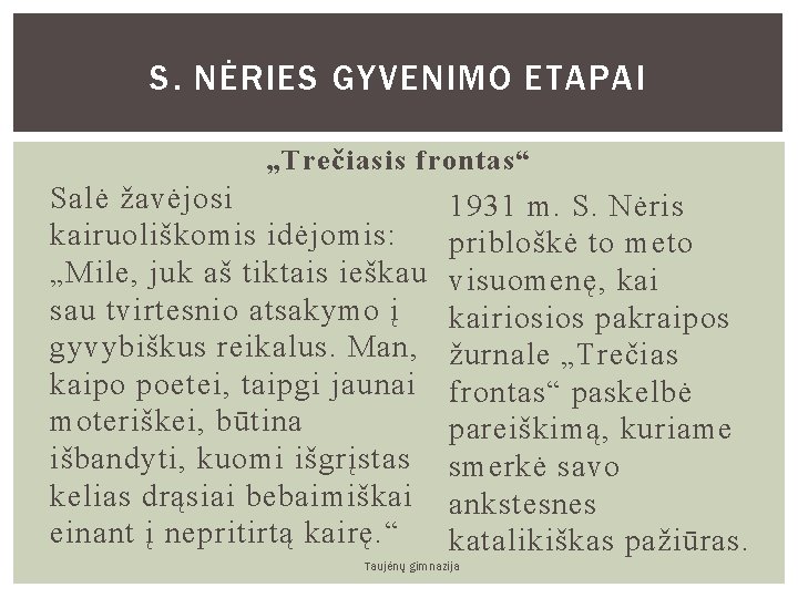 S. NĖRIES GYVENIMO ETAPAI „Trečiasis frontas“ Salė žavėjosi kairuoliškomis idėjomis: „Mile, juk aš tiktais