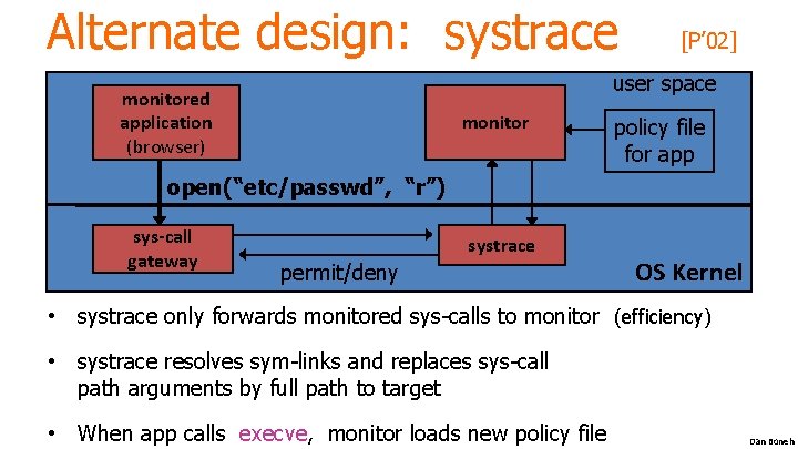 Alternate design: systrace [P’ 02] user space monitored application (browser) monitor policy file for