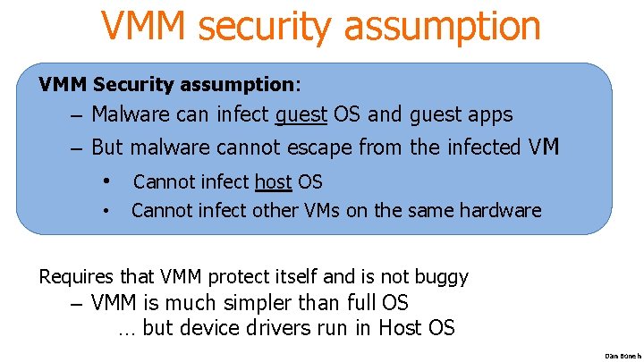 VMM security assumption VMM Security assumption: – Malware can infect guest OS and guest