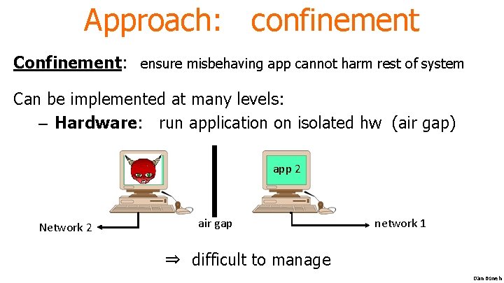 Approach: confinement Confinement: ensure misbehaving app cannot harm rest of system Can be implemented