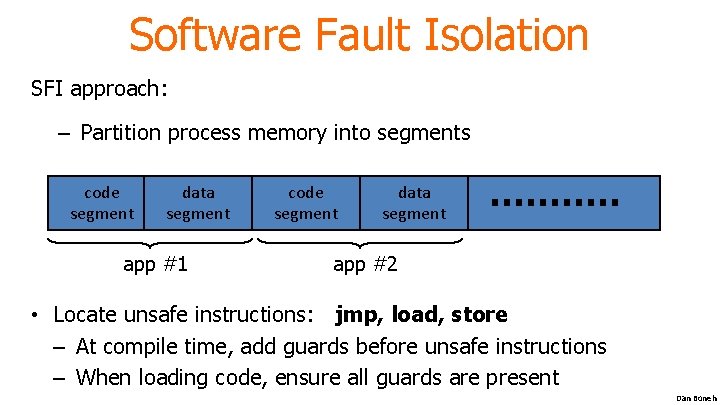 Software Fault Isolation SFI approach: – Partition process memory into segments code segment data