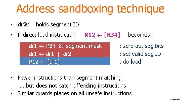 Address sandboxing technique • dr 2: holds segment ID • Indirect load instruction R