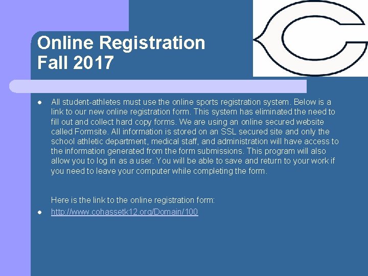 Online Registration Fall 2017 l l All student-athletes must use the online sports registration