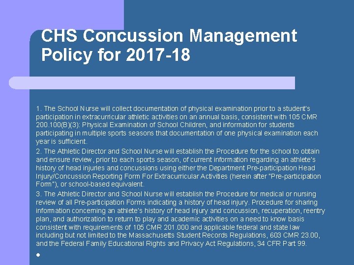 CHS Concussion Management Policy for 2017 -18 1. The School Nurse will collect documentation