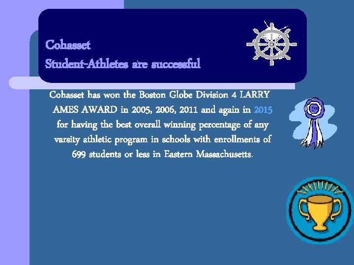 Cohasset Student-Athletes are successful Cohasset has won the Boston Globe Division 4 LARRY AMES