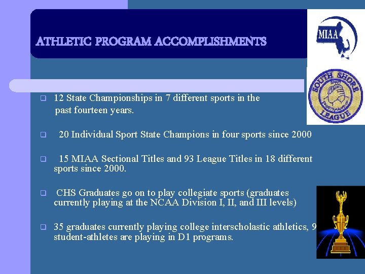ATHLETIC PROGRAM ACCOMPLISHMENTS q 12 State Championships in 7 different sports in the past