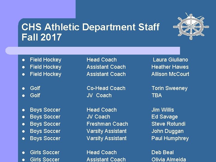 CHS Athletic Department Staff Fall 2017 l l l Field Hockey Head Coach Assistant
