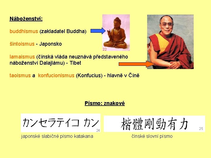 Náboženství: buddhismus (zakladatel Buddha) šintoismus - Japonsko 22 lamaismus (čínská vláda neuznává představeného náboženství