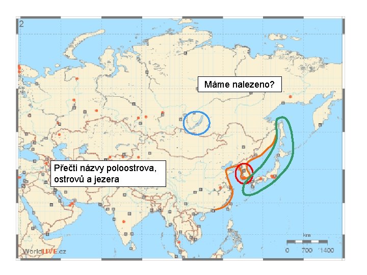 2 Máme nalezeno? Přečti názvy poloostrova, ostrovů a jezera 