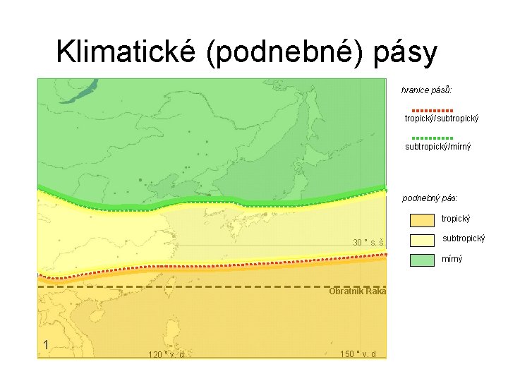 Klimatické (podnebné) pásy hranice pásů: tropický/subtropický/mírný podnebný pás: tropický 30 ° s. š subtropický