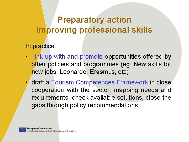 Preparatory action Improving professional skills In practice: • link-up with and promote opportunities offered