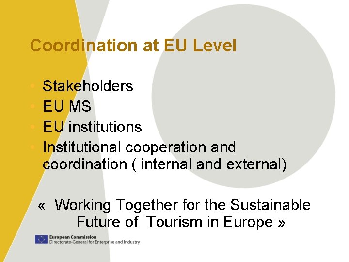 Coordination at EU Level • • Stakeholders EU MS EU institutions Institutional cooperation and