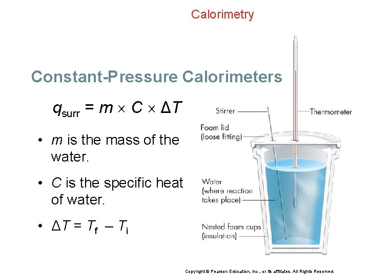Calorimetry Constant-Pressure Calorimeters qsurr = m C ΔT • m is the mass of