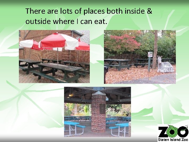 There are lots of places both inside & outside where I can eat. 