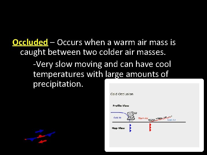 Occluded – Occurs when a warm air mass is caught between two colder air