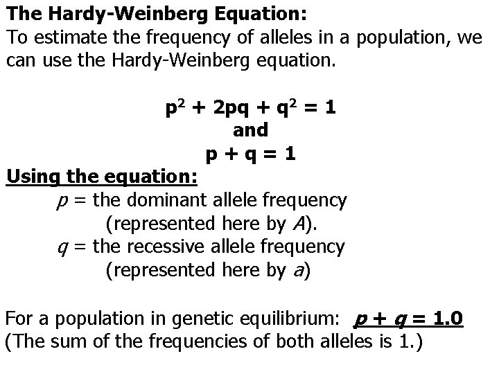 The Hardy-Weinberg Equation: To estimate the frequency of alleles in a population, we can