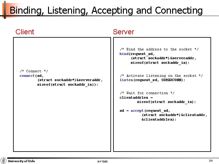 Binding, Listening, Accepting and Connecting Client Server /* Bind the address to the socket