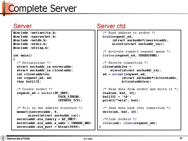 Complete Server #include #include Server ctd. <netinet/in. h> <sys/socket. h> <netdb. h> <stdio. h>