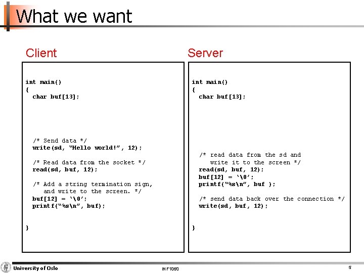 What we want Client Server <necessary includes> int main() { char buf[13]; <Declare some