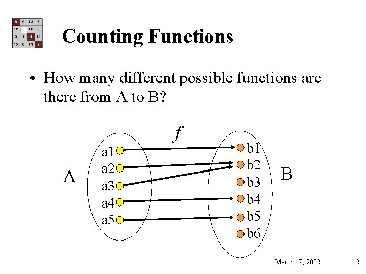 Counting Functions • How many different possible functions are there from A to B?
