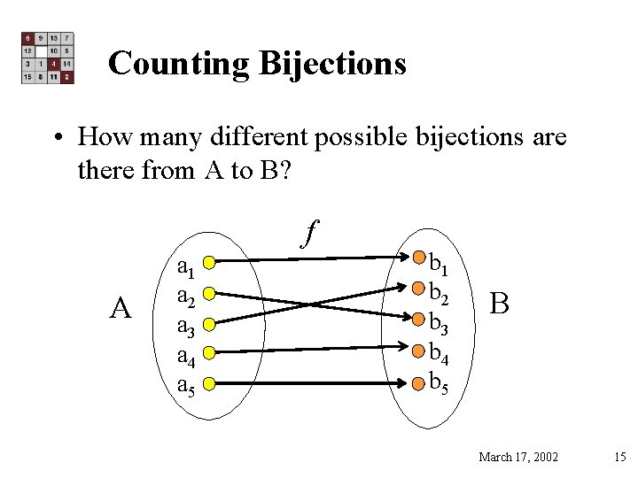 Counting Bijections • How many different possible bijections are there from A to B?