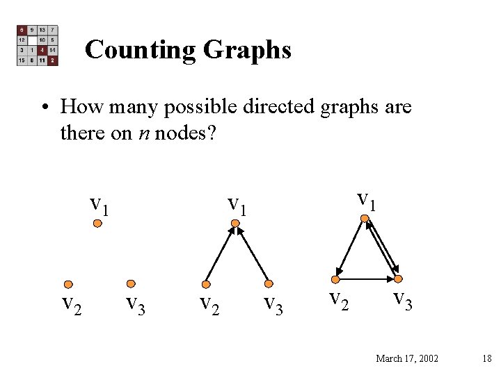 Counting Graphs • How many possible directed graphs are there on n nodes? v