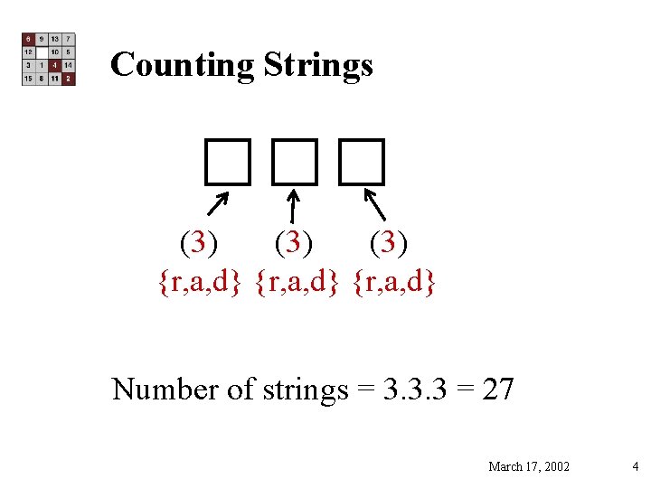 Counting Strings (3) (3) {r, a, d} Number of strings = 3. 3. 3