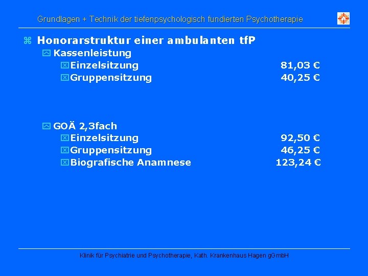 Grundlagen + Technik der tiefenpsychologisch fundierten Psychotherapie z Honorarstruktur einer ambulanten tf. P y