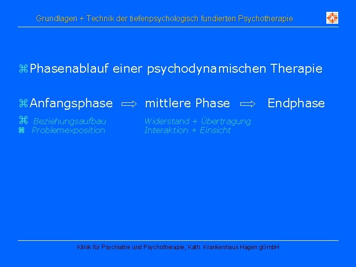 Grundlagen + Technik der tiefenpsychologisch fundierten Psychotherapie z Phasenablauf einer psychodynamischen Therapie z Anfangsphase