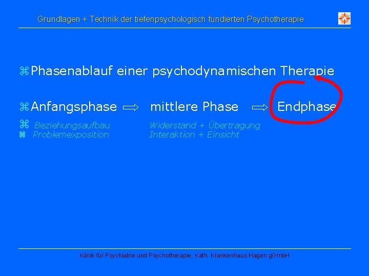 Grundlagen + Technik der tiefenpsychologisch fundierten Psychotherapie z Phasenablauf einer psychodynamischen Therapie z Anfangsphase