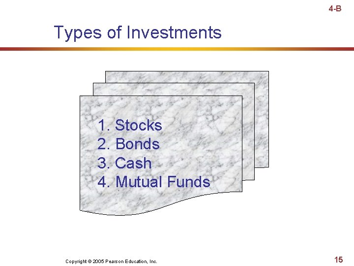 4 -B Types of Investments 1. Stocks 2. Bonds 3. Cash 4. Mutual Funds 4 -B Types of Investments 1. Stocks 2. Bonds 3. Cash 4. Mutual Funds