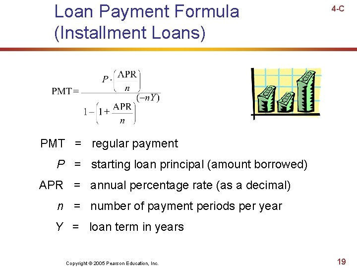 Loan Payment Formula (Installment Loans) 4 -C PMT = regular payment P = starting Loan Payment Formula (Installment Loans) 4 -C PMT = regular payment P = starting