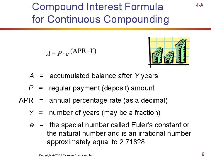 Compound Interest Formula for Continuous Compounding 4 -A A = accumulated balance after Y Compound Interest Formula for Continuous Compounding 4 -A A = accumulated balance after Y