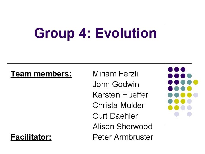 Group 4: Evolution Team members: Facilitator: Miriam Ferzli John Godwin Karsten Hueffer Christa Mulder