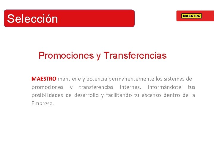 Selección Promociones y Transferencias MAESTRO mantiene y potencia permanentemente los sistemas de promociones y