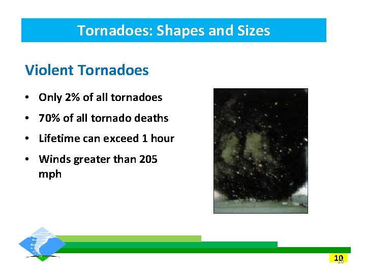 Tornadoes: Shapes and Sizes Violent Tornadoes • Only 2% of all tornadoes • 70% Tornadoes: Shapes and Sizes Violent Tornadoes • Only 2% of all tornadoes • 70%