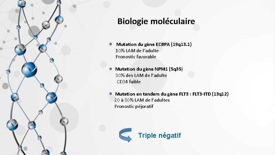 Biologie moléculaire Mutation du gène ECBPA (19 q 13. 1) 10% LAM de l’adulte