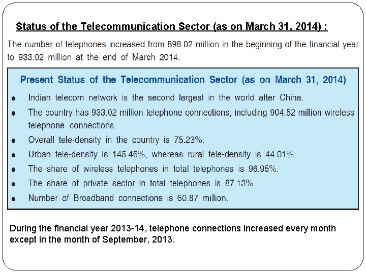 Status of the Telecommunication Sector (as on March 31, 2014) : During the financial