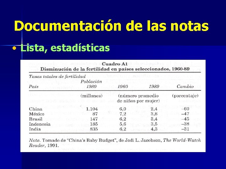 Documentación de las notas • Lista, estadísticas 