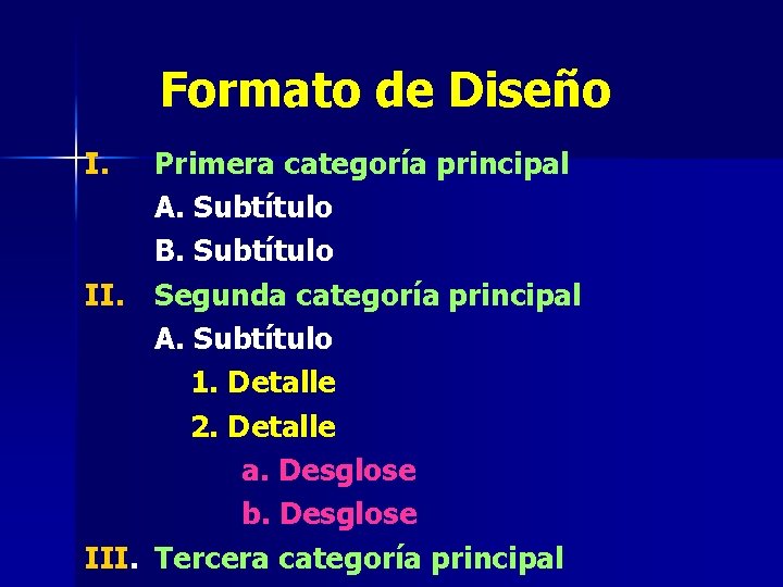 Formato de Diseño I. Primera categoría principal A. Subtítulo B. Subtítulo II. Segunda categoría