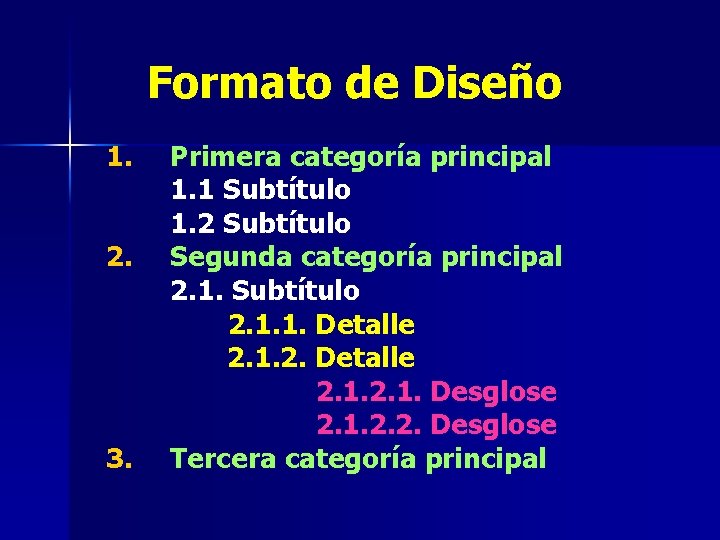 Formato de Diseño 1. 2. 3. Primera categoría principal 1. 1 Subtítulo 1. 2