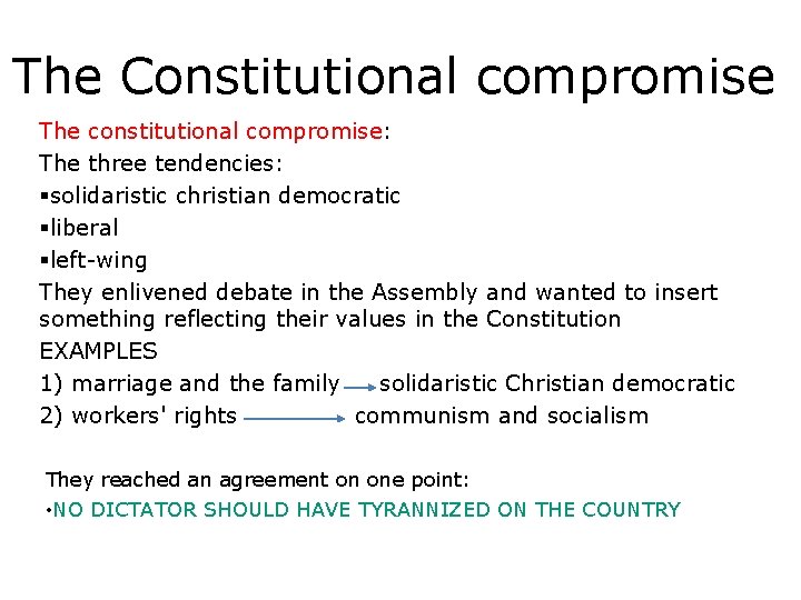 The Constitutional compromise The constitutional compromise: The three tendencies: §solidaristic christian democratic §liberal §left-wing