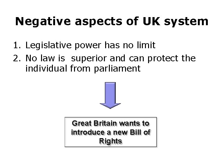 Negative aspects of UK system 1. Legislative power has no limit 2. No law