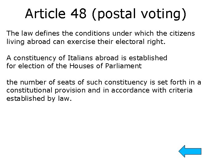 Article 48 (postal voting) The law defines the conditions under which the citizens living