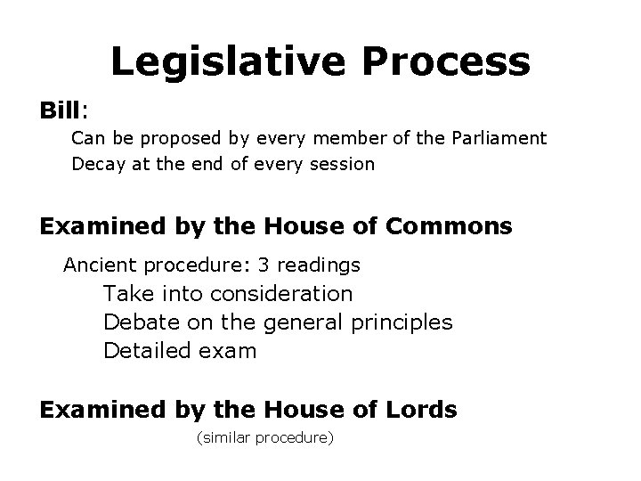Legislative Process Bill: Can be proposed by every member of the Parliament Decay at